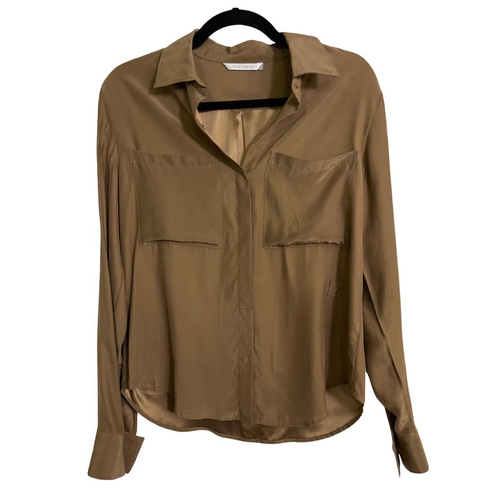 Elaine Kim 100% Silk Blouse Brown Button Front Long Sleeve Women Medium